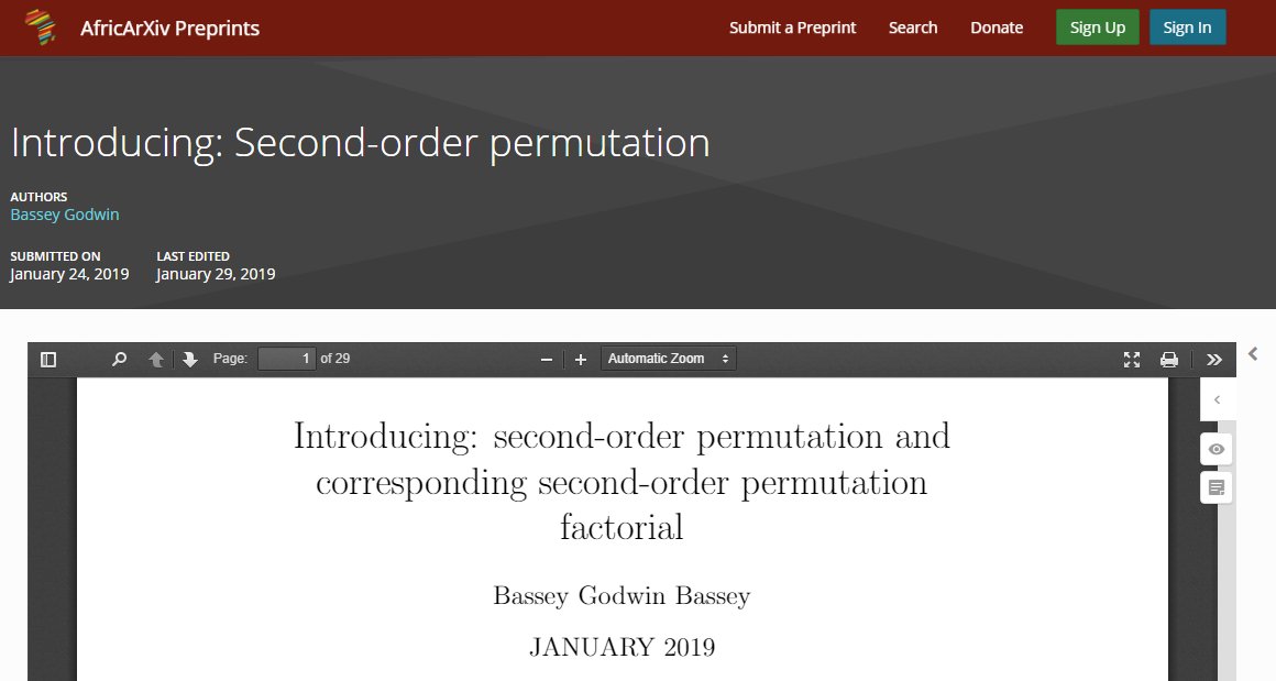 AfricArxiv's tweet photo. A #preprint about second-order permutation (mathematics):
Bassey G., (2019, January 24). Introducing: Second-order permutation
https://t.co/12w9fzJ1LH
#Basseytriangle #Factorial #Latinsquare #PermutationandCombination #SecondorderPermutation
#ResearchinAfrica #OpenAccess https://t.co/tmD1B7TZUP