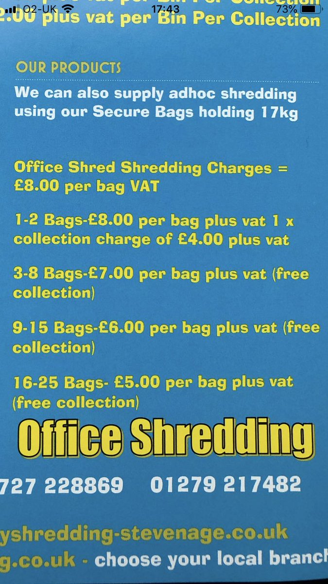 Office shredding prices per bags listed below.   Enquiries@simplyshredding-harlow.co.uk