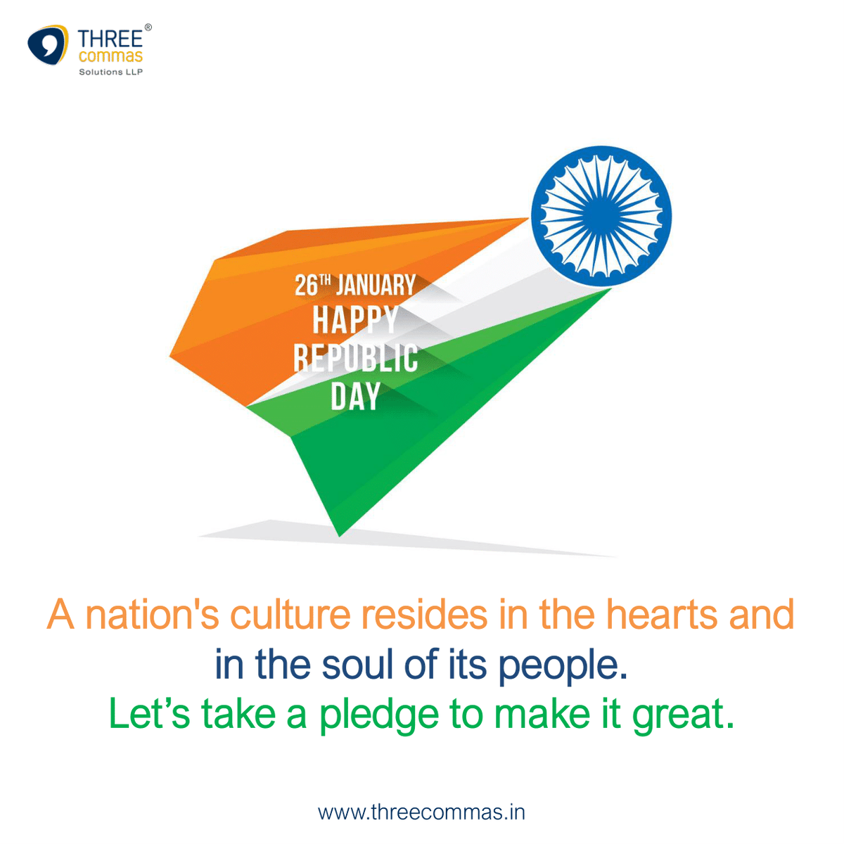 threecommasllp's tweet photo. #HappyRepublicDay A nation's culture resides in the hearts and in the soul of its people. Let’s take a pledge to make it great.
.
.
.
.
#RepublicDay #HappyRepublicDay2020 #RepublicDayIndia #गणतंत्र_दिवस #जय_हिंद #VandeMataram #JaiHind https://t.co/MeWc34Knev