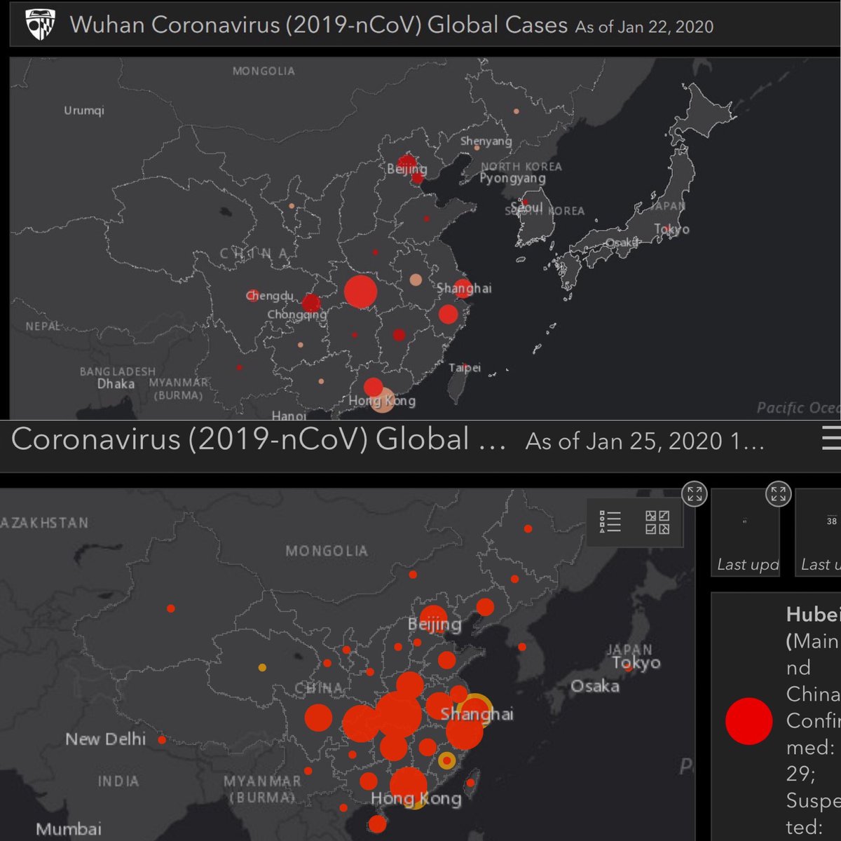 Üç gün ara ile #coronavirus ün yayılım hızı. Dünyanın en saygın tıp merkezlerinden <a href="/johnsHopkinsSPH/">Johns Hopkins Bloomberg School of Public Health</a> tarafından yayınlandı. Şimdi okullar kapalı, ama lütfen çocuklarınıza kişisel hijyen ve ellerini düzenli yıkama konusunda tembihte bulunun. 

Toplu taşıma kullanıyorsanız siz de.