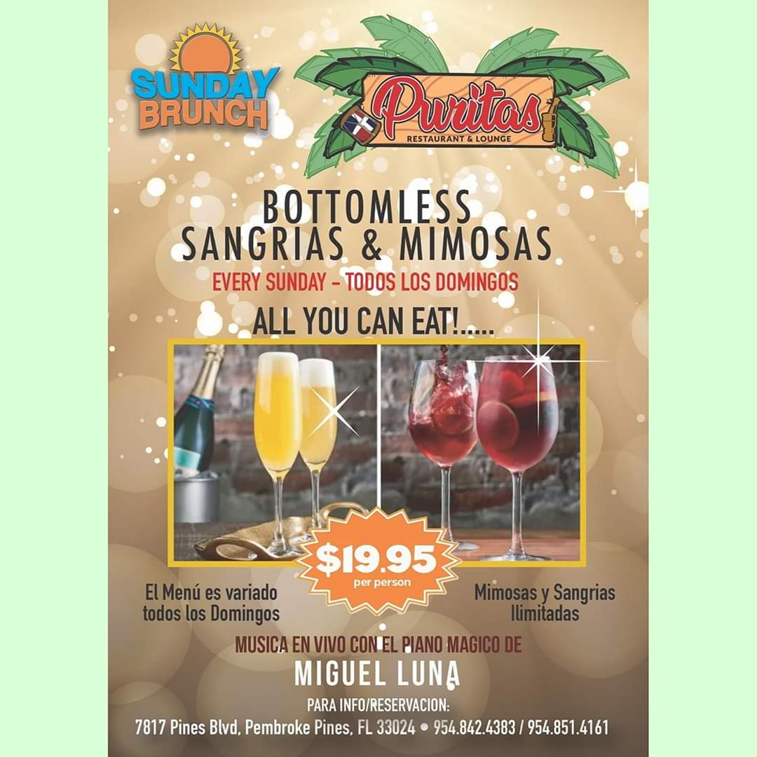 keepintouchzee's tweet photo. ENJOY OUR BOTTOMLESS SANGRIAS &amp; MIMOSAS $19.95 PP🍷YOU CAN ALSO DANCE WITH PURITAS LIVE PIANO PLAYER "MIGUEL LUNA".  ALL AGES ARE WELCOME TO PURITAS SANTO DOMINGO ❤ STYLE 🥳 RESTAURANT &amp; LOUNGE EVERY SUNDAY🍴OUR MENU IS NEW &amp; DELICIOUS EVERY SUNDAY 🍽
7817 PINES BLVD. P. PINES https://t.co/1mpidRlDl0
