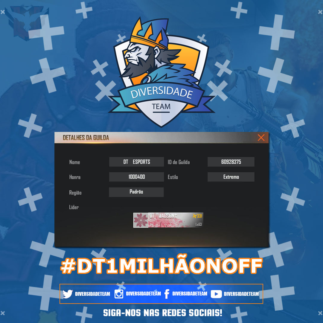 DiversidadeGG's tweet photo. Fala aí tropinha! Eu, Jadson Reis, venho agradecer a todos envolvidos nessa nova conquista da Equipe da DT ESPORTS no Free Fire. Demoramos, porém conseguimos conquistar o primeiro 1 milhão de honras no jogo! https://t.co/8BqcpoJHQB