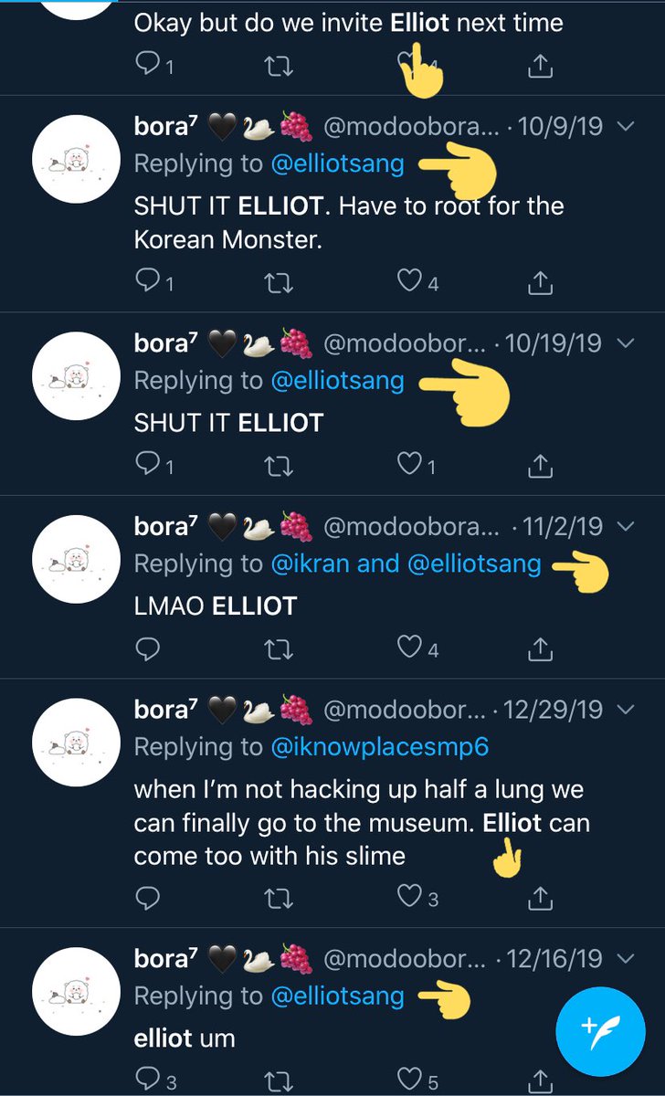 She interacts with Elliot sang quite a bit and hype him up as well, meaning they’re close. In the first picture, she was tagged in the reply, meaning she quoted or rt elliot’s tweet since she isn’t mentioned in his tweet.