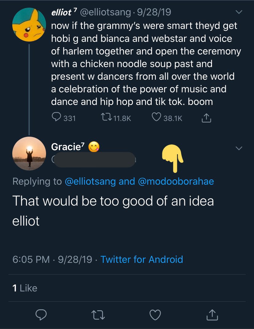 She interacts with Elliot sang quite a bit and hype him up as well, meaning they’re close. In the first picture, she was tagged in the reply, meaning she quoted or rt elliot’s tweet since she isn’t mentioned in his tweet.