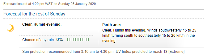 BOM_WA's tweet photo. SKYWORKS WEATHER
Great conditions expected for viewing the #skyworks with clear skies, S/SW'ly winds &amp; a warm temp of around 26C. A little humidity in the air will keep the wind chill at bay.

Currently 30.0C in @CityofPerth after a top of 36.3C earlier #AusDayPerth @Mix945Perth https://t.co/b1WxuGJhcE
