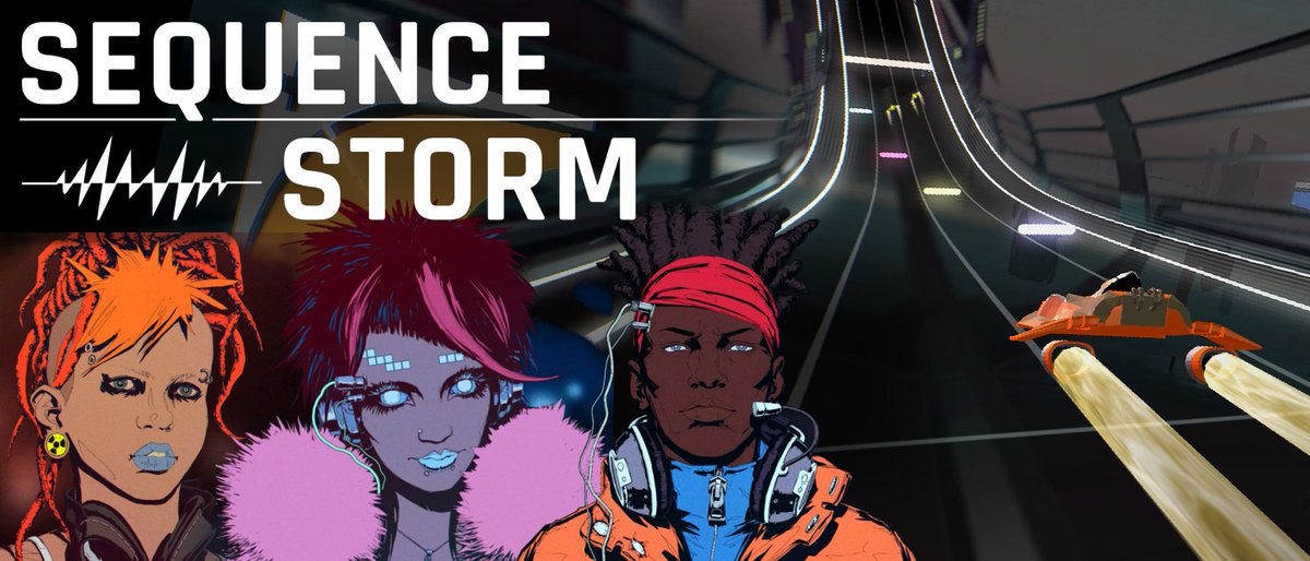 sequence storm title screen, three sci fi characters against futuristic race track