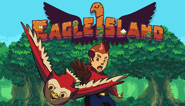eagle island title screen, man launching an eagle against a forest backdrop