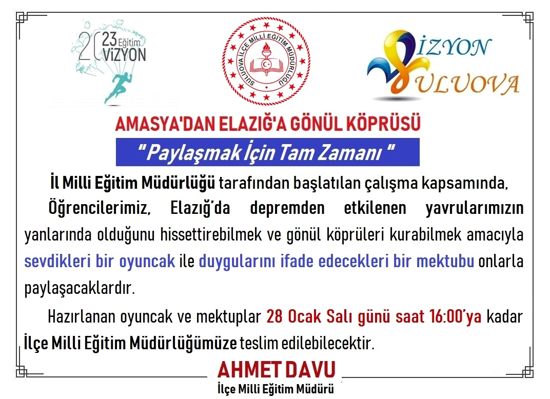Suluova_MEM's tweet photo. ŞİMDİ PAYLAŞMA, ŞİMDİ YARALARI SARMA ZAMANI🤲

Sevdiğiniz Bir Oyuncak🚗İle Duygularınızı İfade Eden Bir Mektubu✉️;

🗓️ 28 Ocak Salı Günü
⏰16:00'ya kadar 
 📍 Suluova İlçe Milli Eğitim Müdürlüğüne teslim edebilirsiniz.

@ziyaselcuk @tcmeb  #Eğitim2023 
@meb_ailesi2023 @ikostereli https://t.co/VZaoxkRxjj