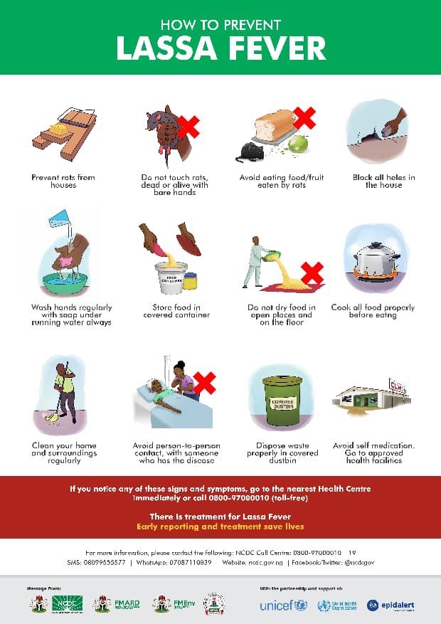 BashirAhmaad's tweet photo. Let’s do this, know LASSA FEVER; its signs and its symptoms, and how to prevent it. If you notice any of its signs and symptoms, report to the nearest health centre or call 080097000010 it’s TOLL-FREE. 

There is treatment for LASSA FEVER. Kindly RT to help this message go far. https://t.co/3jsqoNKzAk