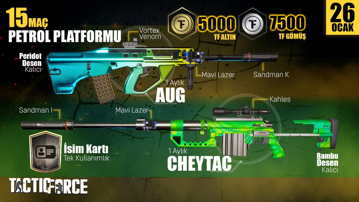 tacticforcegame's tweet photo. İsim değiştirme kartı isteyen herkesi Tactic Force'a bekliyoruz 🤟

1 Aylık Full + Full AUG Taarruz Tüfeği ve Kalıcı Peridot Deseni
1 Aylık Full + Full CheyTac ve Kalıcı Bambu Deseni
1 Adet İsim Değiştirme Kartı
5.000 TFA
7.500 TFG

Tactic Force: Ücretsiz Oyna, Bileğinle Kazan! https://t.co/C4Y4KkaIKR
