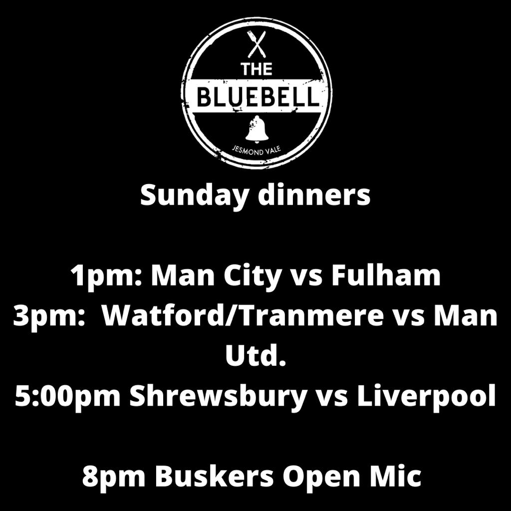 We have a jam packed Sunday for you! 🤩

As always, our hearty Sunday Lunches 🍴

Football showing from 1pm through to 5pm ⚽️

Ending the evening with some fantastic Open Mic 🎤

#Bluebell #Live #Music #Football #Sunday #RoastDinner #OpenMic