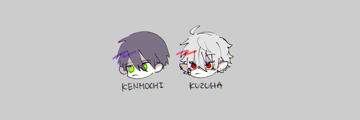kuzuha (nijisanji) multiple boys 2boys grey background male focus red eyes green eyes hair between eyes  illustration images