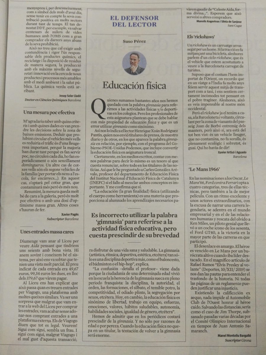 xals66's tweet photo. Un olé por el defensor del lector de @LaVanguardia. Ha considerado oportuno aclarar de una vez por todas la diferencia entre Gimnasia y EDUCACIÓN FÍSICA. Gracias Suso por el interés. Y que sirva para que algún día aparezca una noticia tipo: AUMENTAN LAS HORAS DE EDUCACIÓN FÍSICA https://t.co/A2u82CUh8s