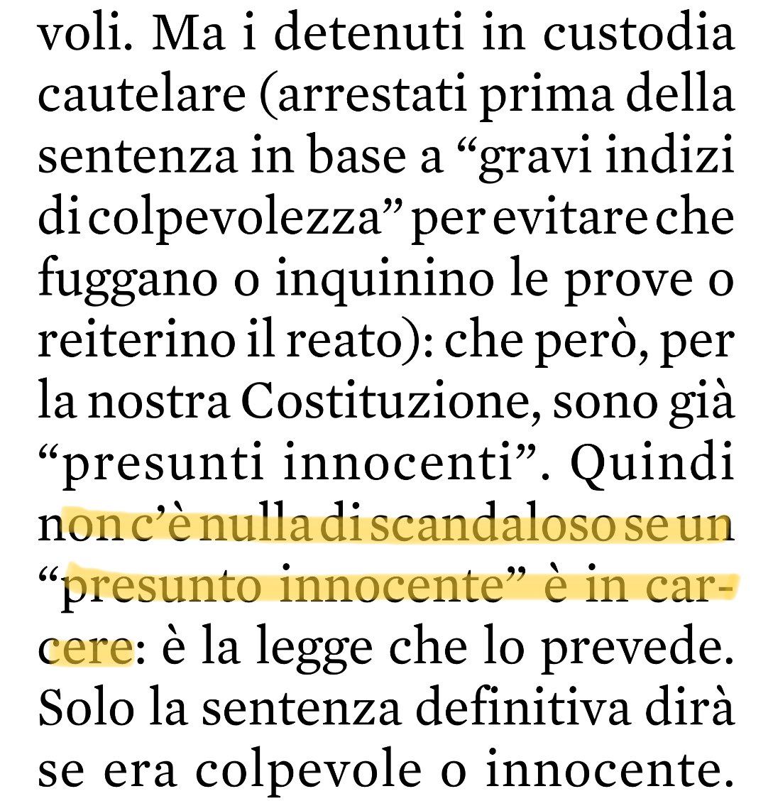 “Non c’è nulla di scandaloso se un presunto innocente è in carcere”. Qui le perle si moltiplicano. Questa è di ⁦<a href="/marcotravaglio/">Marco Travaglio</a>⁩ 
(È scandaloso invece, è uno scandalo insopportabile: la carcerazione preventiva dovrebbe essere un’eccezione dolorosa, e breve, non la norma)