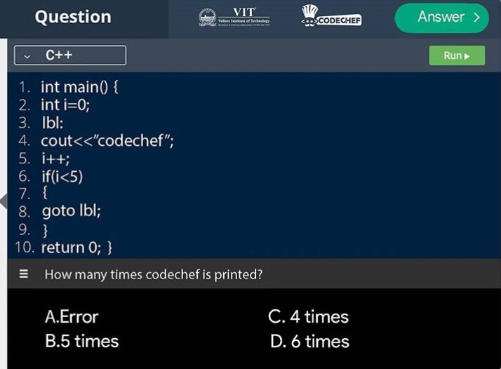 codechefvit's tweet image. Improve your #CompetitiveCoding with @codechef-VIT.
How many times is CodeChef printed?
#CodeWithCodeChefVIT