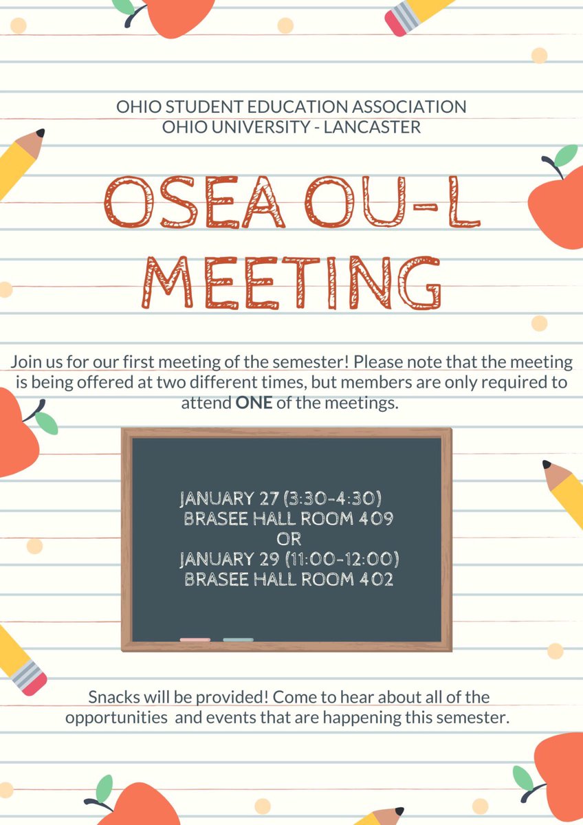 OULAspiringEd's tweet photo. Our first meetings of the semester are this week. Come ready to hear about all of the exciting opportunities and events happening this semester! 🍎 @ohiou_lancaster @OHIOPattonCOE https://t.co/Z6nMJo4L8p