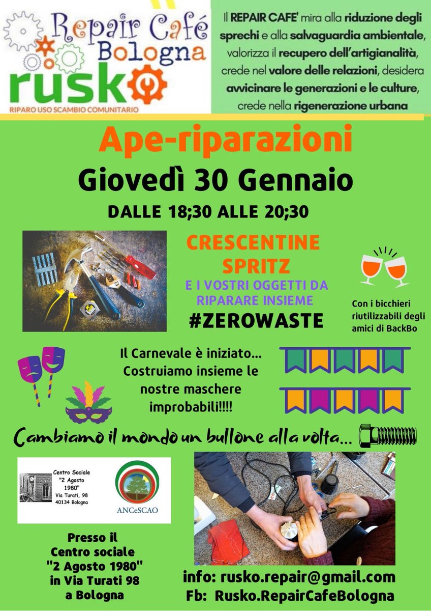 APE-RIPARAZIONI edizione di #gennaio
Giovedì prossimo dalle 1830 al Centro 2 agosto 1980
Un #APERITIVO SPECIALE tra #riparazioni, spritz, crescentine, e altre #sorprese per i #bambini
Per festeggiare insieme l'arrivo del #Carnevale
<a href="/RuskoRepair/">Repair Cafe Bologna</a> #quartiereportosaragozza #Bologna