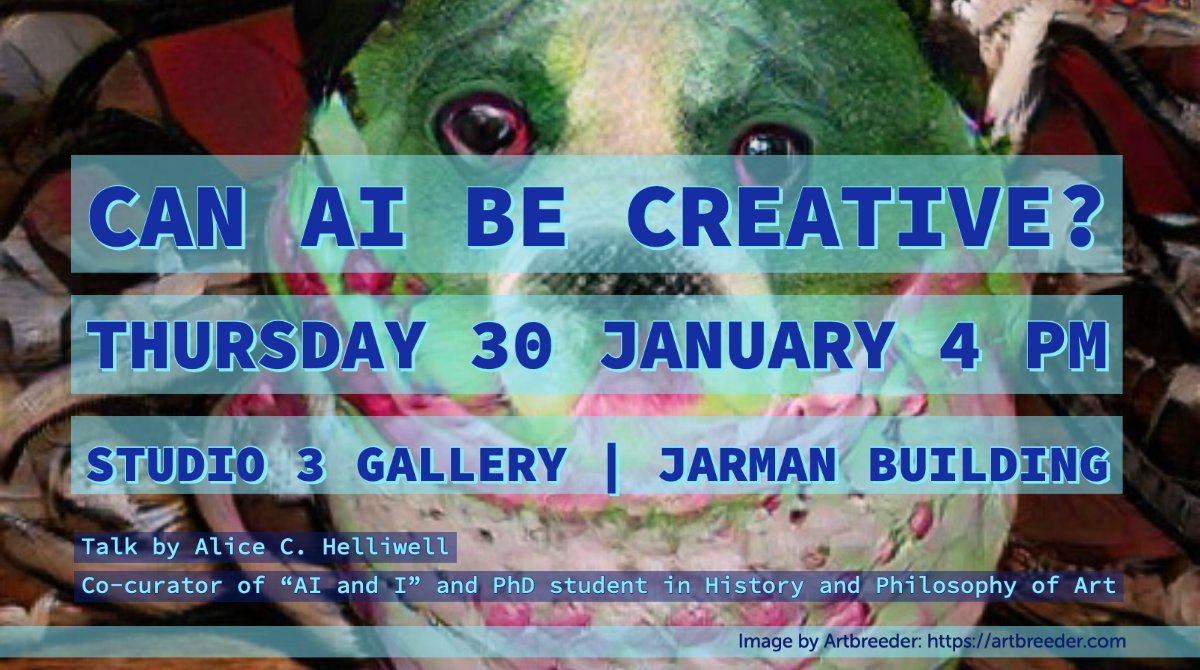 artbreeder.com creates images using machine learning. The results are surprising, funny, sometimes beautiful, sometimes unsettling... but are they creative? 

Come to our talk this Thursday at 4pm to hear Alice C. Helliwell discuss the creative potential of AI