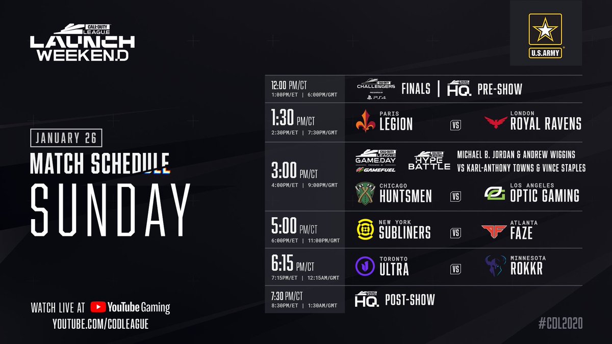 It’s the final day of the #CDL2020Launch Weekend. 

Matches begin at 2:30PM ET. YouTube.com/CODLeague