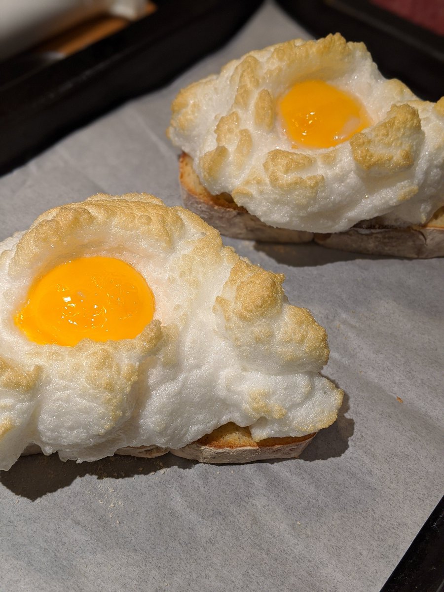 The egg toast after the first oven session. The whites have gotten browned on the edges.