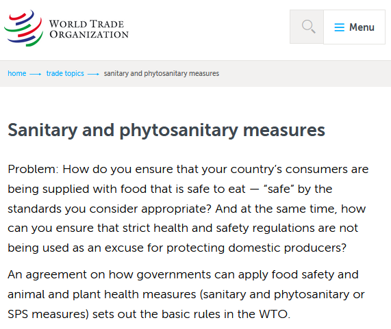 Screenshot of the introduction on the linked webpage on Sanitary and Phytosanitary measures on the WTO website