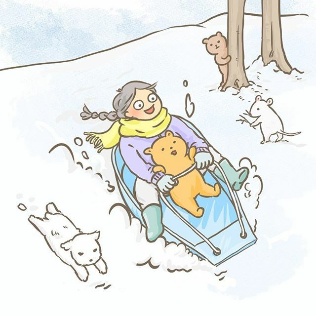 Kumagoya いっけ くま Bear Illustration イラスト Illustrator Character Illustration Daily Illustrationgram お絵かき ぬいぐるみ Characterart Kidlitart Teddybear Puppy 雪 そり Snow Sledding Sled そりすべり