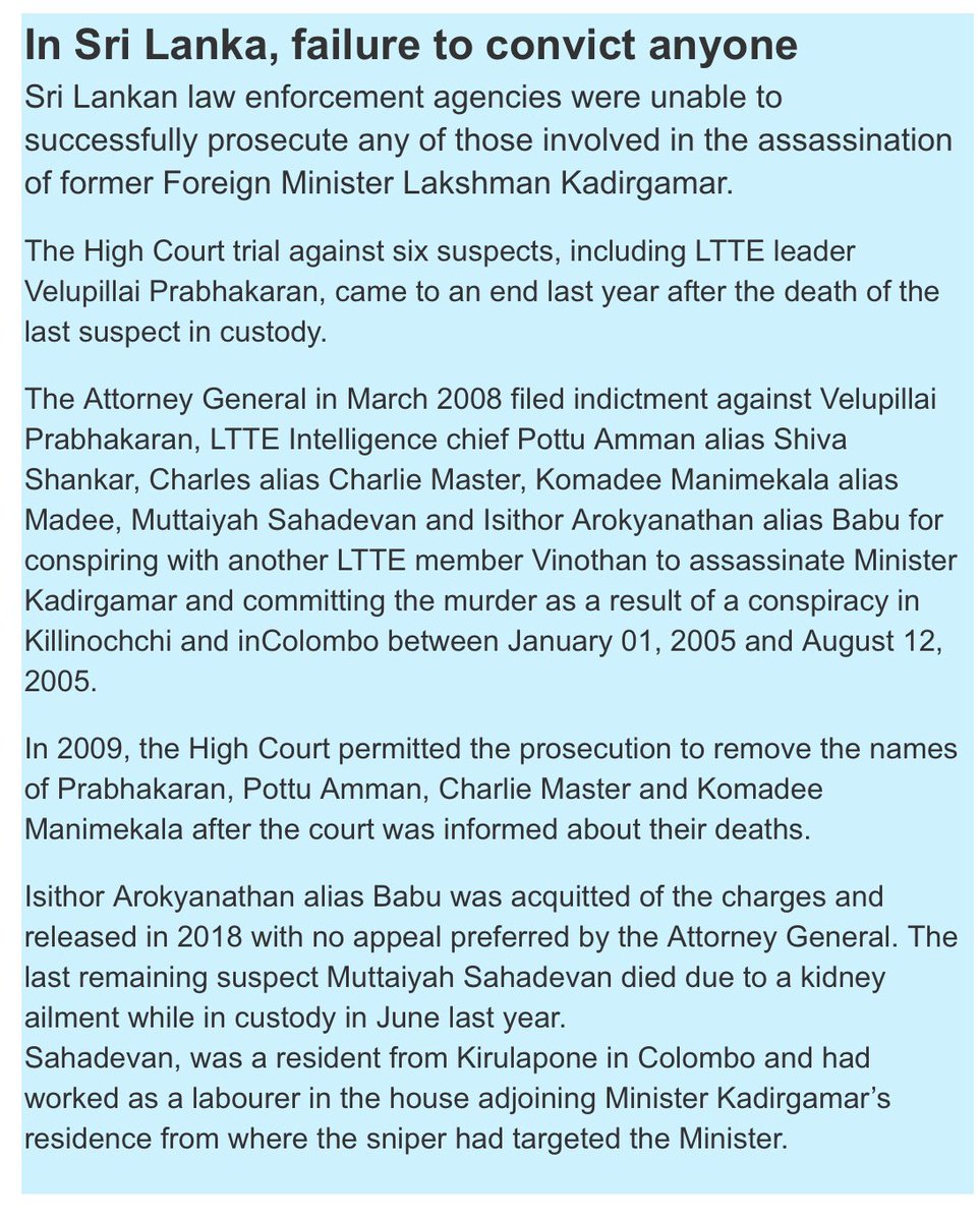 PicassoGuernic1's tweet photo. @essdubs2 @FriendsSriLanka @MFA_SriLanka @Mahishini @KariyawasamP @the_lki @LiamFox @SugeeshwaraG @SarojaSirisena @Satya_Rodrigo @PMihiravi @Dinithi_C @fazilphd @DianaPerera5 @NipuniSS 🤷🏾‍♂️The reasons aren’t clear, but #SriLanka’s attorney general’s department did attempt to prosecute 6 #LTTE suspects including Velupillai Prabhakaran, but the case was dropped last year when the last of the accused died; make of that what you will https://t.co/VtCN1TnVuy