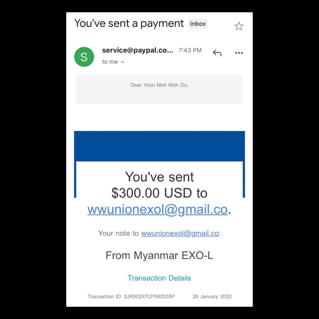 chen21stcentury's tweet photo. @EXOGlobal @weareoneEXO Representation of Myanmar EXO-Ls, we collected funds from Myanmar Aeris and transferred $300 in total yet. Thanks for your hardwork. https://t.co/1lz4fisbcs