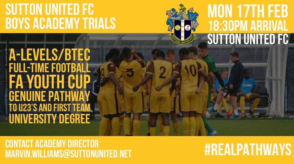 suttonunited's tweet image. Calling all boys and girls looking for a real pathway into football. @sutton_academy have 2 trial dates coming up in February. ⚽️

Contact academy director to register:

Marvin.williams@suttonunited.net

#RealPathways #SuttonUnited #Footballacademy