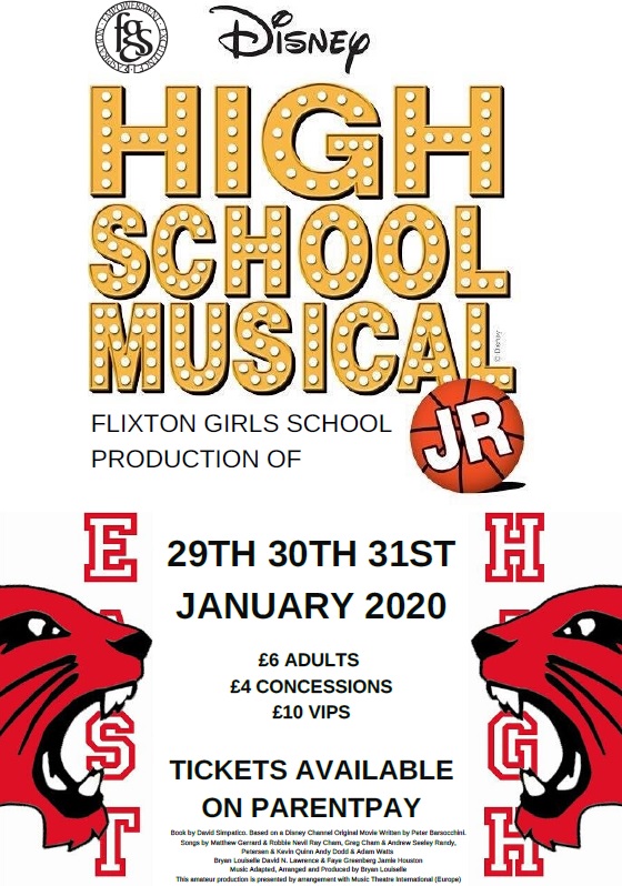FlixtonGS's tweet photo. High School Musical Jnr tickets selling fast, only on ParentPay until 27th Jan - so get yours quick - we can't promise availability on door! Thanks to our sponsors @VisionForEd @gloveconsulting @primeprint @TreasuredWear @dmsrepro @thehairbankmcr &amp;
Mark.kidd@sjpp.co.uk  @hltMAT https://t.co/RBpjnaeXG9