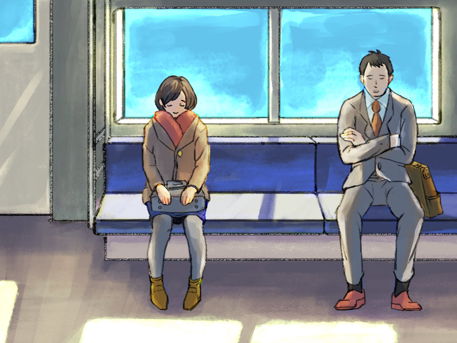 日野ま Hinoma Twitter પર 平日のお昼12時頃の電車内は静かでポカポカしてる 常にこの時間に通勤したい お昼の雰囲気を黄色っぽい光で表現してみたけど 思いの外苦戦した もう少し白い光のほうが良かったかな 絵描きさんと繋がりたい イラスト好きな人と