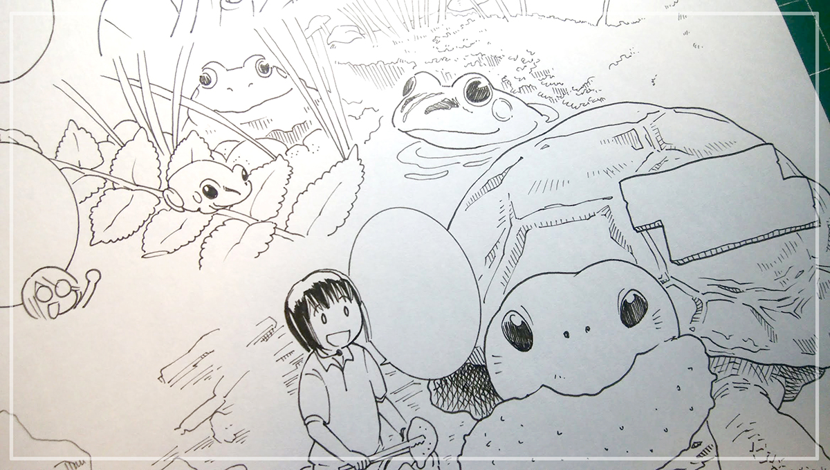 原画からもう1枚!
カエルは絶対描かなければ!と、カエルとカメコーナーです。漫画は2ページなので、少しずつみっちり描きました(*'▽`*) 