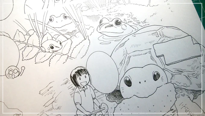 原画からもう1枚!
カエルは絶対描かなければ!と、カエルとカメコーナーです。漫画は2ページなので、少しずつみっちり描きました(*'▽`*) 