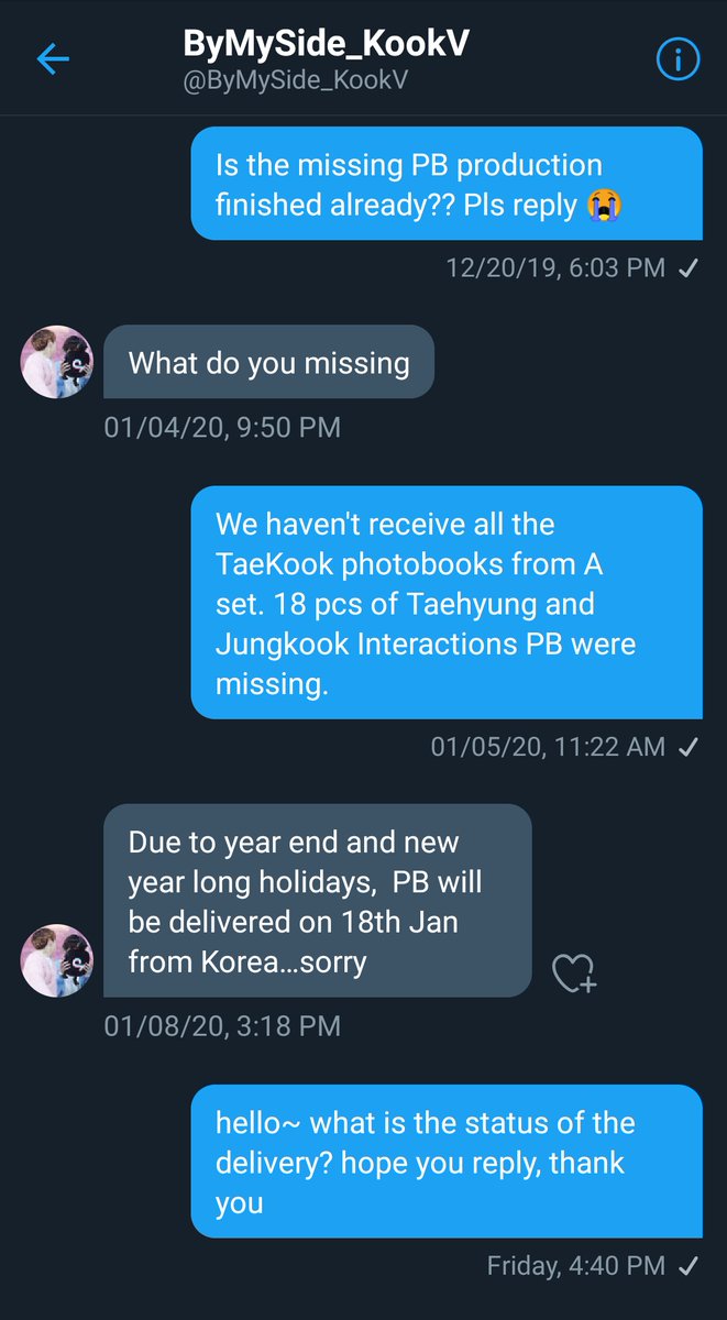 [📣] Hello guys~ I'm really sorry for not updating.. Regarding the missing PBs of By My Side's "Love Is Mutual", ito yung mga pinaka-huling convos namin. Until now, wala parin akong narereceive na package. 😢

#RAXupdates #RAXnotice