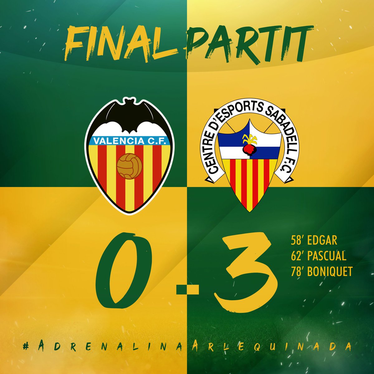 CESabadell's tweet photo. ⏱️ FINAAAL a l'Antonio Puchades | @Academia_VCF 0 - @CESabadell 3 (@Edgarherma, @Aitorpascual25 i Boniquet)

P A R T I D À S del @CESabadell a l'Antonio Puchades i 3 punts cap a casa!

🔥 Tercera victòria consecutiva per seguir líders!

#ValenciaMestallaCES
#AdrenalinaArlequinada https://t.co/0xTYkKBVdn