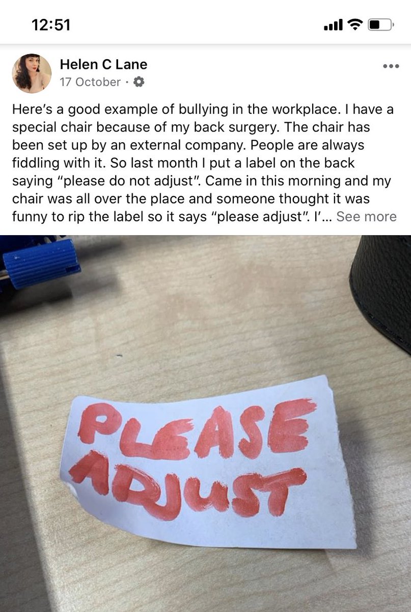 @FallenShadows82 @Adam_Pearson At work (although not even in the same stratosphere) why one of my team thought it was OK to poke fun at my disability by tearing the note on my purpose built chair in half I just don’t know. It originally said “please do not adjust”. The chair had been mangled #NHSbullying