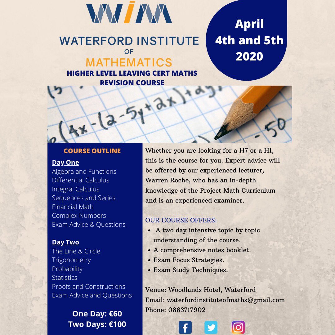 Leaving Cert HL Math Revison Course get in touch now to boo your place #Math #HigherLevel #WIM