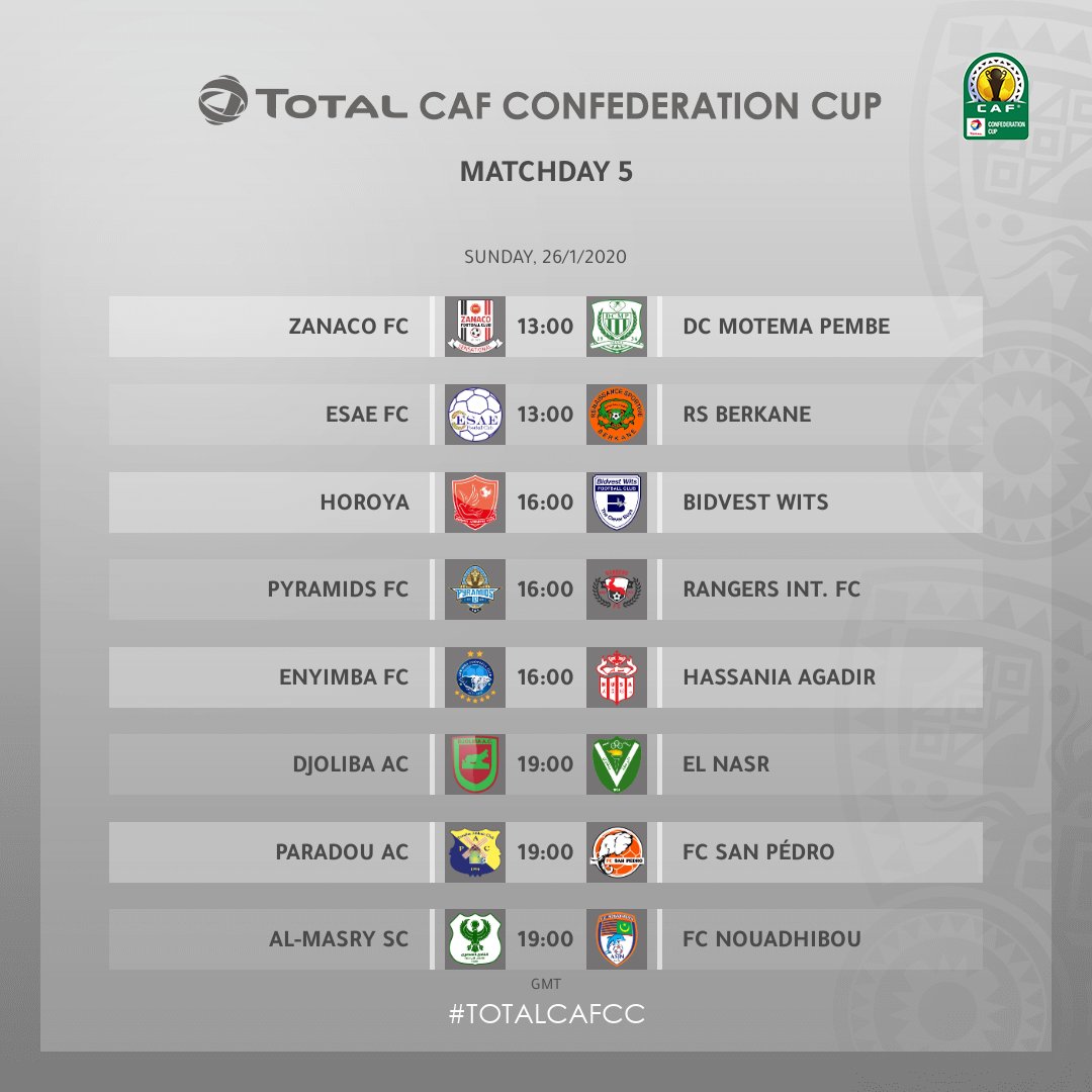 AfricaUnitedFUT's tweet photo. @Zanacofc🇿🇲VS🇨🇩 @Dcmpimana
#ESAEFC🇧🇯VS 🇲🇦@RSBfootball
@HACofficiel🇬🇳 VS 🇿🇦@BidvestWits
@pyramidsfc🇪🇬VS 🇳🇬@RangersIntFC
@EnyimbaFC🇳🇬 VS🇲🇦 #HassaniaAgadir
#DjolibaAC 🇲🇱VS 🇱🇾#AlNasr
@AcParadou🇩🇿 VS🇮🇪 @FCSANPEDRO1
@AlMasrySC🇪🇬 VS🇲🇷 @fcndbofficiel
#CAFCC | #TotalCAFCC https://t.co/uM7KCFeDtc
