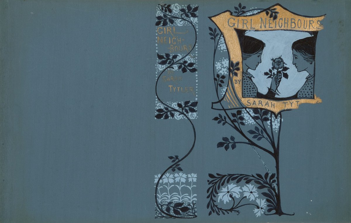 Design for a book cover for 'Girl Neighbours', by Sarah Tytter. Decorative cover in blue, with black wavy vine along the spine, and a shield-shape in the top centre of the front page with two profile images of ladies holding a flower. 