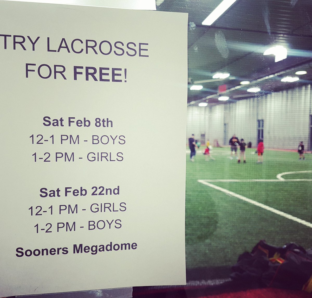 NepeanLax's tweet photo. FREE Try Lacrosse sessions are coming soon! Bring your helmet, gloves and running shoes to the Sooners Mega Dome on February 8th or 23rd. We'll provide the sticks and fun! https://t.co/VnXHYemwHn