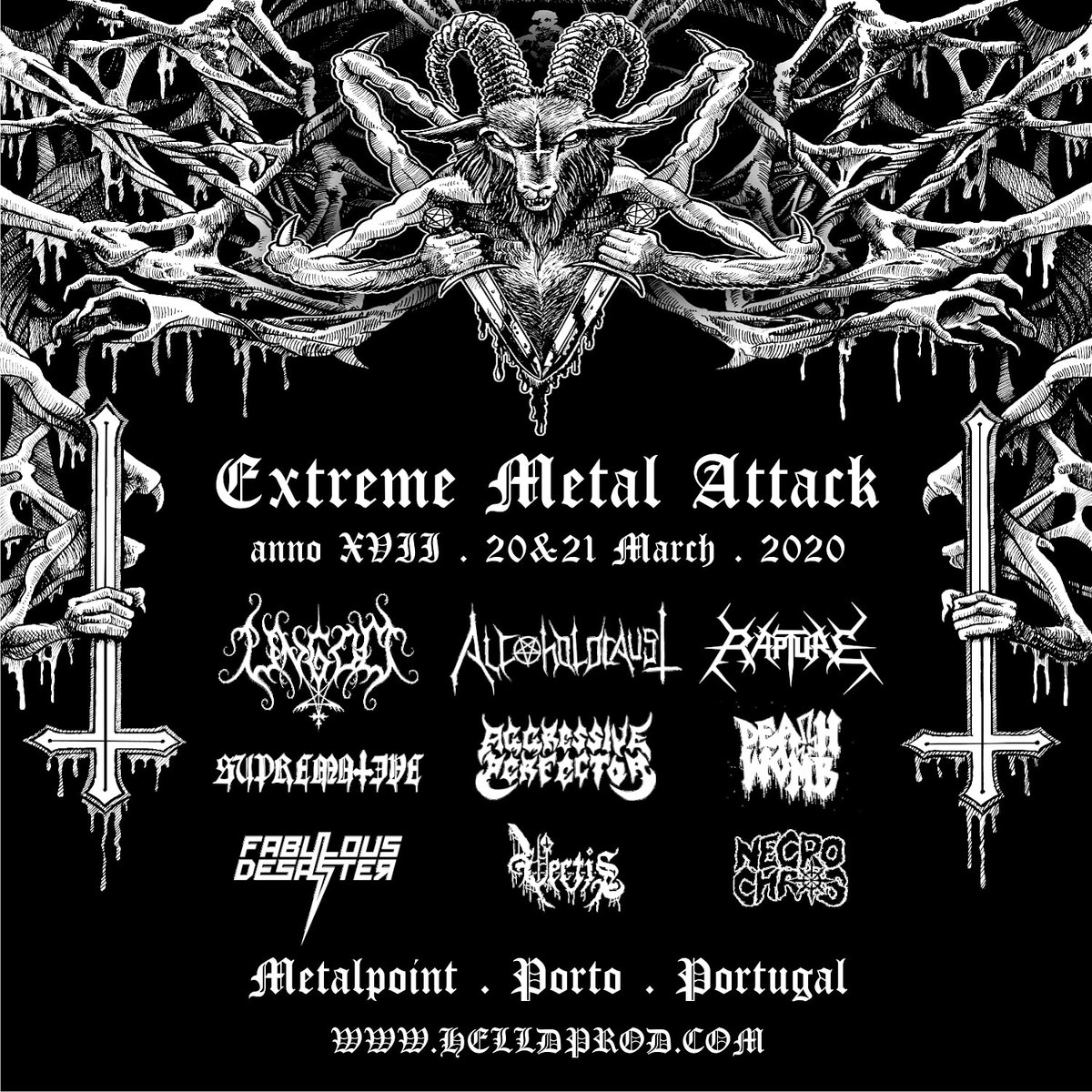 helldprod's tweet photo. #extrememetalattack #Deathwomb #BlackDeath #Vectis #BlackThrash #NecroChaos #DeathMetal #UNGOD #BlackMetal #ALCOHOLOCAUST #BlackSpeedmetal #Speedmetal #Supremative #Rapture #DeathThrash #ThrashMetal #AggressivePerfector #Heavymetal #22march2020 #metalpoint #porto #Portugal https://t.co/HTQCDHaqWW
