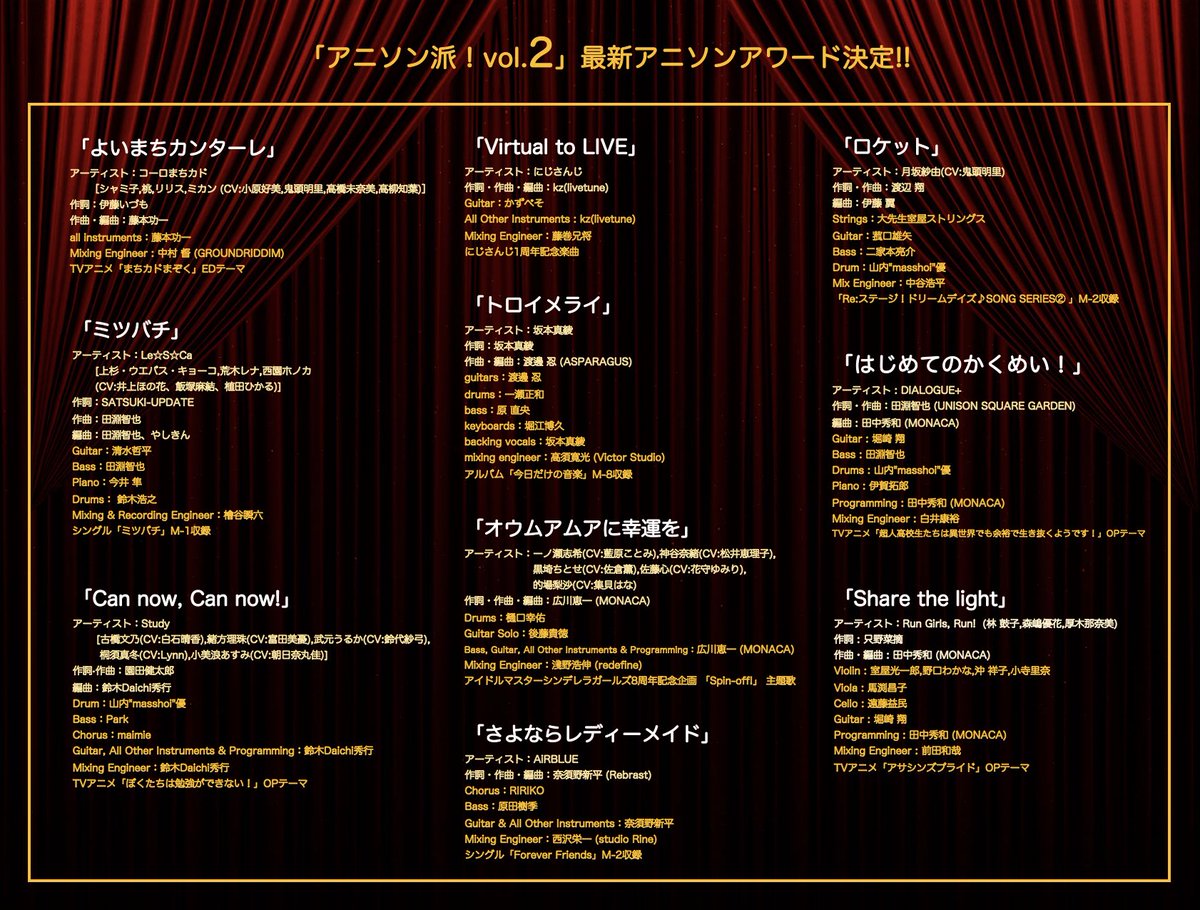 アニソン派 Project Sur Twitter 2019年総まとめ アニソン派 的おすすめ最新アニソンアワード こちらの10選の楽曲に関する最新情報を随時リプライで募集いたします アーティスト作品 コンテンツ作品共に 新譜 ライブ 作詞作曲編曲者の新曲等の情報 の情報