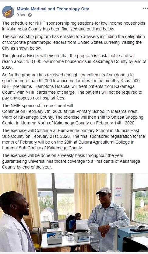 ..."program has received enough commitments from donors to sponsor more than 52,000 low income families for the monthly Kshs. 500 NHIF premiums. HH will treat patients from Kakamega County with NHIF cards free of charge... will not be required to pay any copays nor hospital fees"