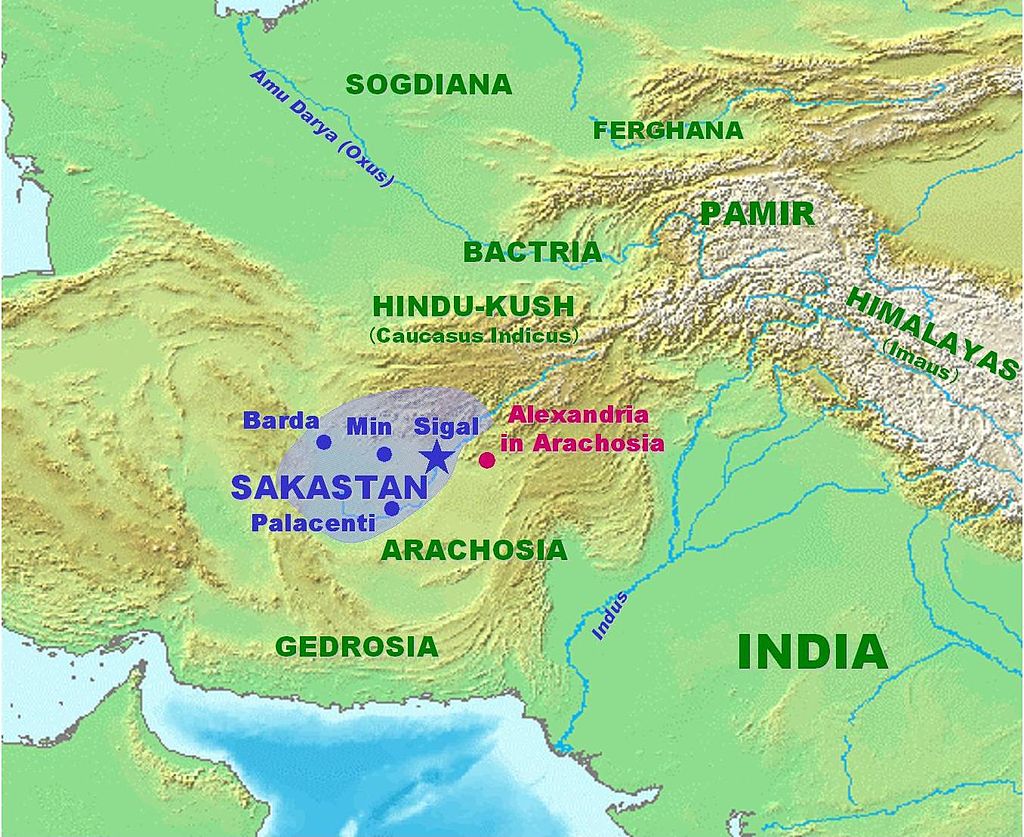 Map shows Sakastan ("Land of Scythians") region in the 100BC.