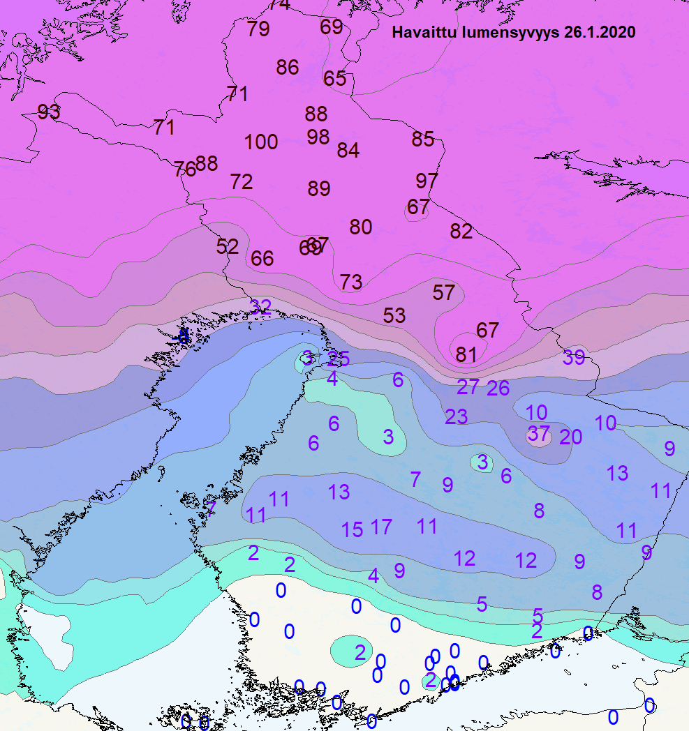Lumitilanne Suomessa, lounaassa on lumetonta ja Lapissa lunta on puolesta metristä metriin.