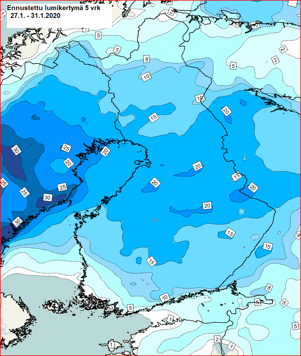 Ensi viikolla lunta sataa maan keski- ja pohjoisosassa kymmenestä kahteenkymmeneen senttiä.