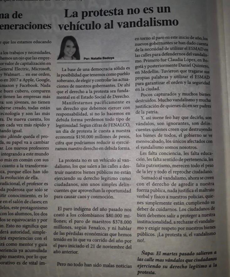 natiibedoya's tweet photo. A mis amigos del Valle del Cauca los invito a que lean mi columna en el Periódico de Nuestra Región. La Protesta no es un vehículo al vandalismo. @Periodico_Valle https://t.co/ZDBAo4QHLB