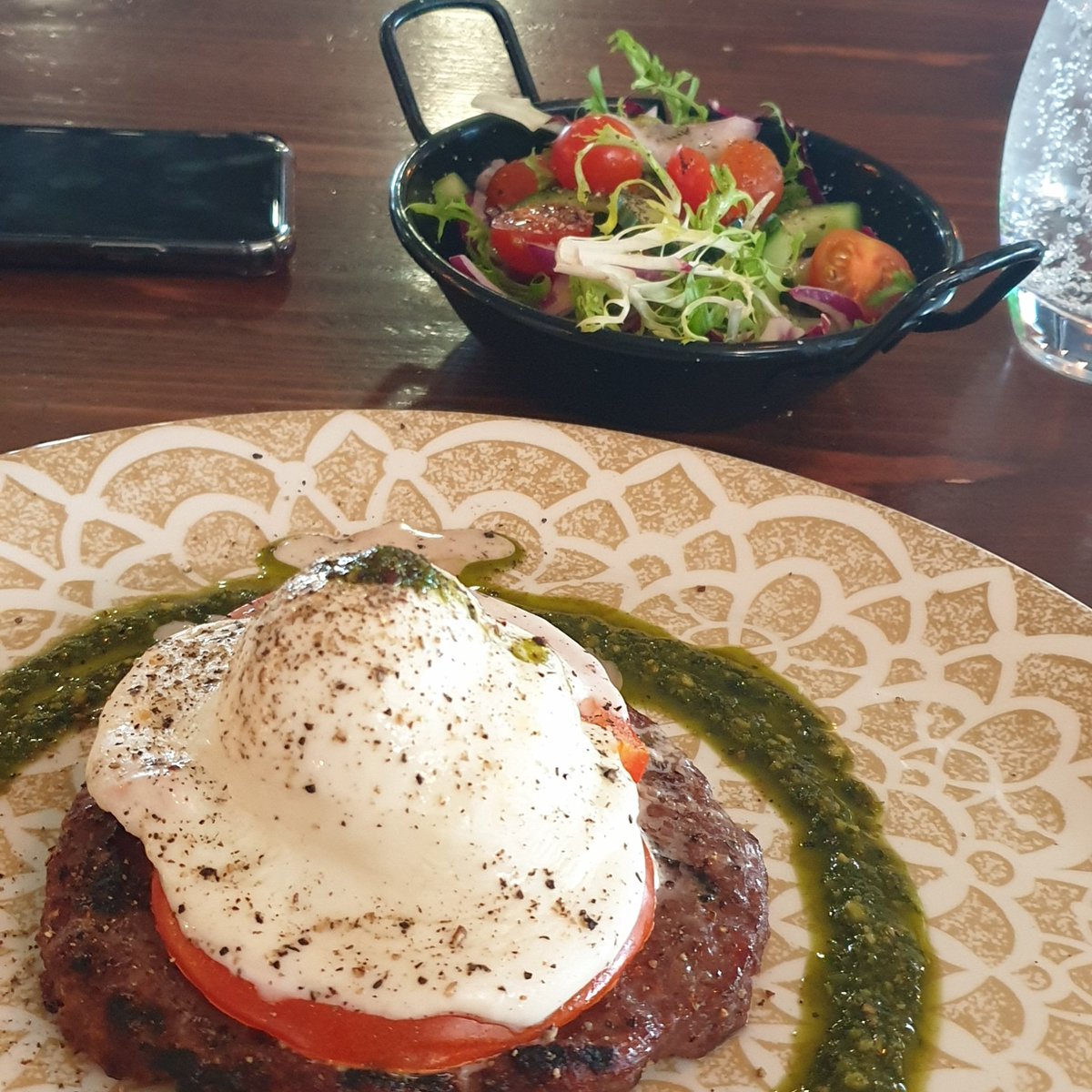 Buffalo burger without the bap..pesto and mixta salad