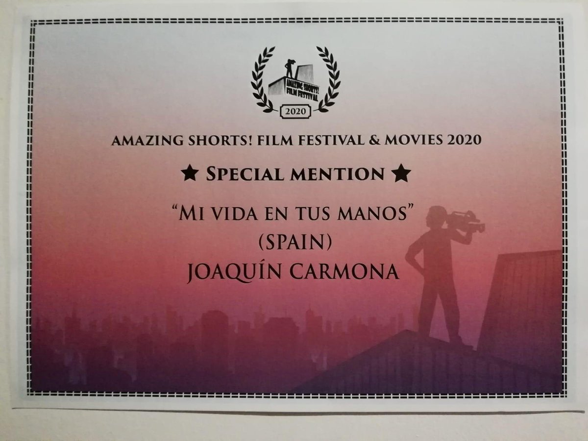 biopicfilmsprod's tweet photo. 🏆PREMIO🏆

Mientras ayer se celebraba la gala de los @PremiosGoya, nosotros recogíamos una mención especial para nuestro cortometraje 'Mi vida en tus manos' en el Festival @AmazingShorts ‼️
 
Muchas gracias 😍 a la organización por este reconocimiento ✨ https://t.co/lGgLORS1oQ