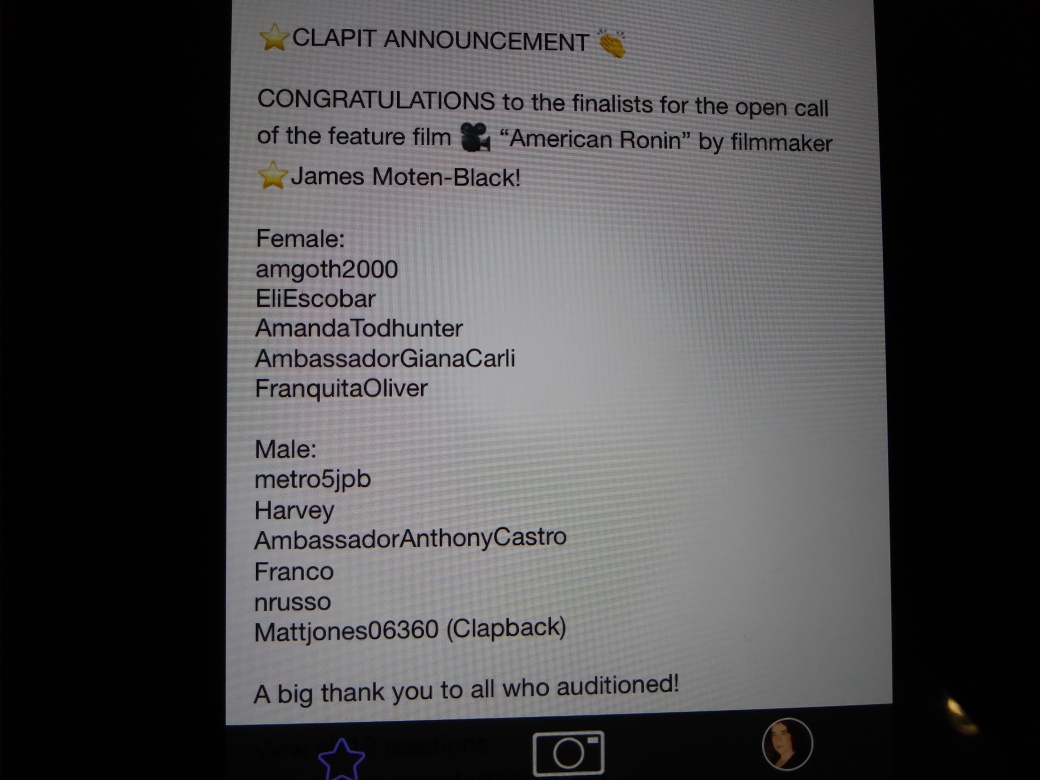 amgoth2000's tweet image. Had a very bad Saturday but came back and saw I am a finalist for a movie I auditioned for on #clapit :)  My day improved immediately!  #clapwhatyoulove